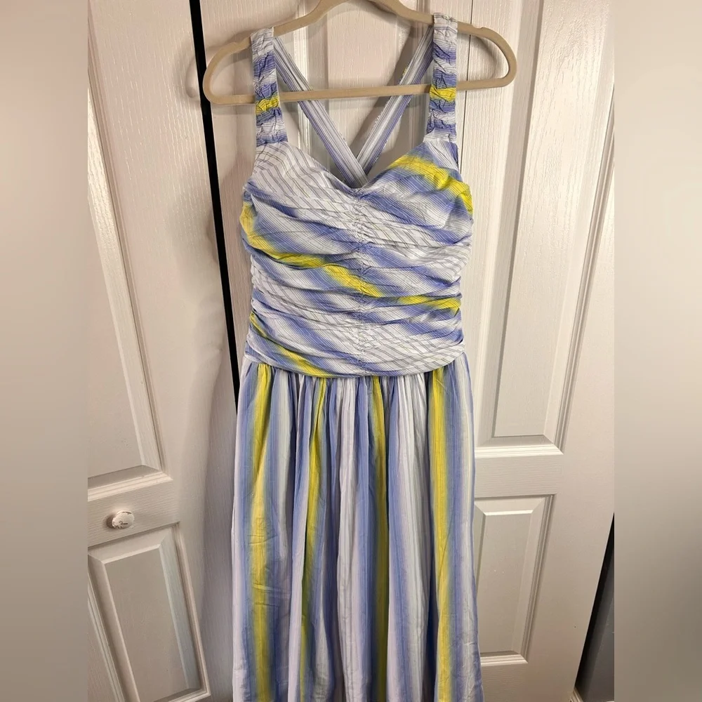 Anthropologie Square-Neck Drop-Waist Smocked Maxi Dress‎ Size Medium Blue Yellow - Picture 3 of 10